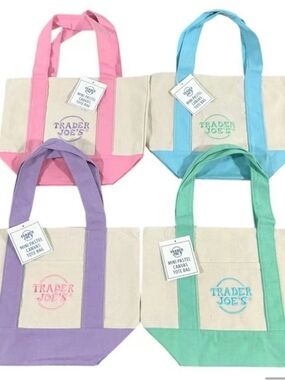 4 New Trader Joe's Canvas Mini Tote Bags in Pastel Pink, Blue, Purple, Green
